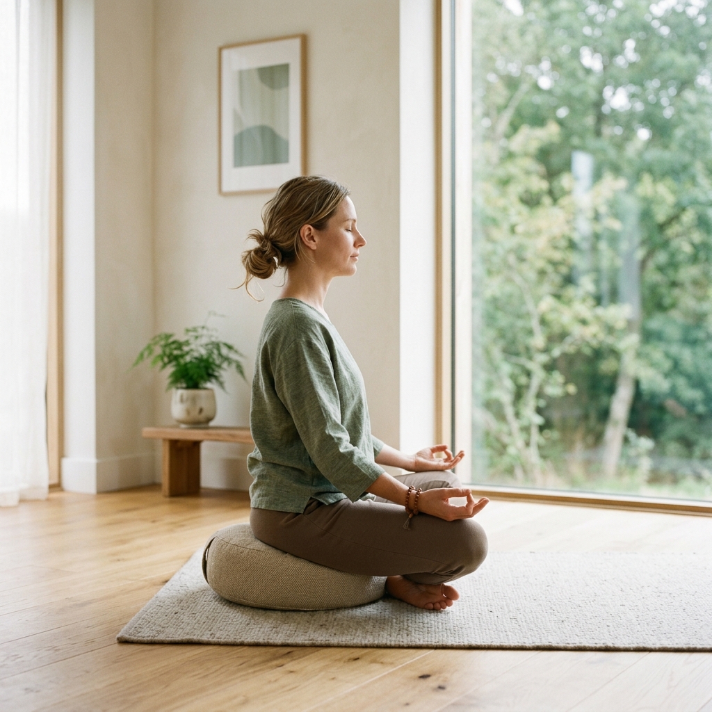 Kobieta praktykująca medytację mindfulness w spokojnym wnętrzu