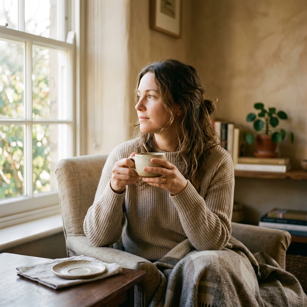 Dłoń trzymająca filiżankę herbaty przy oknie, para, poranne światło, uważny moment mindfulness